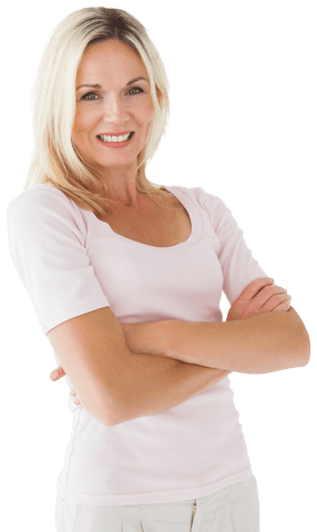 Confident Blonde Woman Smiling With Arms Crossed Transparent Background