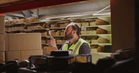Warehouse worker inspecting labeled boxes on shelves wearing hi-vis vest and safety glasses