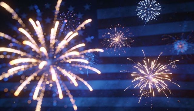 Bursting fireworks over faint american flag backdrop celebrating patriotism and night sky