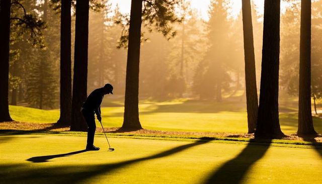 Silhouetted golfer putting on pine-lined course at golden sunrise with long shadows