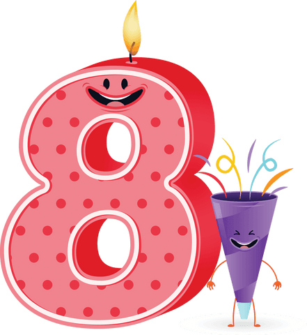 Happy eight candle and cheerful confetti cone illustration transparent