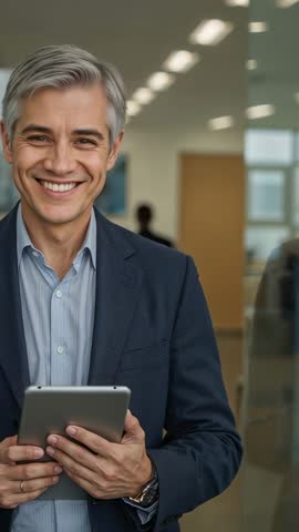 Vertical video: Businessman smiling while receiving tablet notification in office corridor