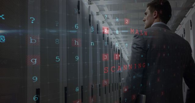 Low-angle back view of a young male Caucasian technician in suit inspecting data server room and cybercrime attack warning from a computer screen.