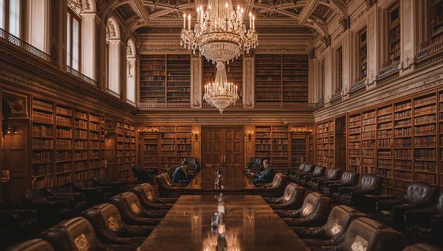 Opulent historic library with polished table reflecting chandeliers and leather chairs