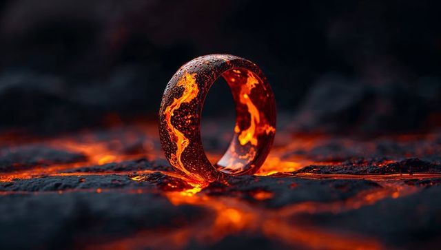 Molten pattern ring glowing on volcanic rock with fiery fissures