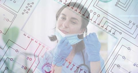 Nurse lowering surgical mask with circuit overlay representing digital health and medtech