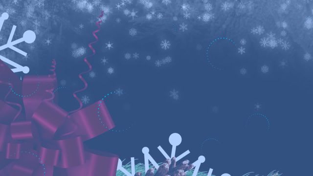 Winter-themed visual depicting falling snowflakes over festive Christmas decorations including a red ribbon. Ideal for holiday-themed projects, Christmas party invitations, or winter celebrations. Suitable for use in digital media, backgrounds for holiday graphics, or themed greeting cards.