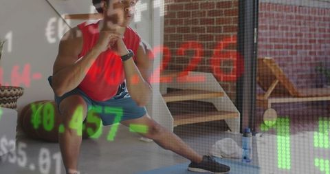 Athlete stretching with financial data overlay