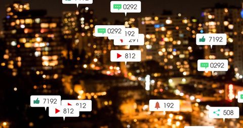 Social Media Engagement Icons Overlay on Night Cityscape - Download Free Stock Images Pikwizard.com