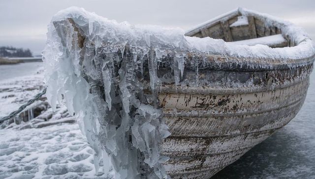 Frosted wooden rowboat draped in icicles at frozen coastal shoreline rustic weathered hull