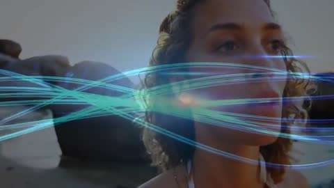 Futuristic Teal Light Trails with Serene Coastal Background