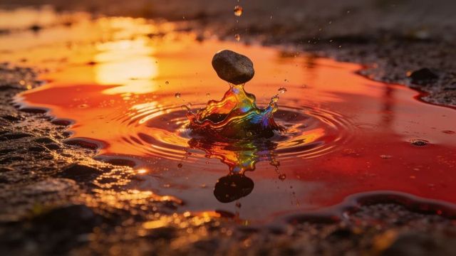 Iridescent crown splash lifting pebble in sunset puddle macro closeup with rainbow reflection