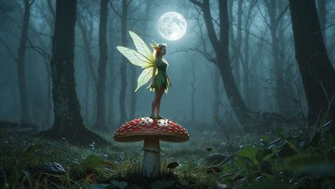 Magical fairy with luminous wings standing on toadstool in mystical forest