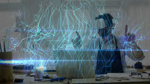 Caucasian Businessman Engaging with Virtual Reality and Technology Waves