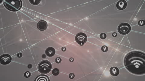 Digital Network Matrix with Floating Icons and Connections
