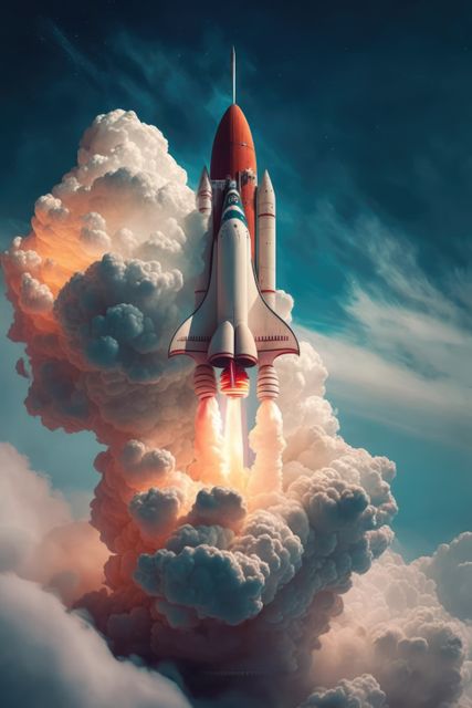 Space shuttle launching into the sky with rocket flames and clouds forming around it. Ideal for topics on space exploration, aerospace technology, scientific advancements, NASA missions, and inspirational successes. Works well in educational materials, science blogs, technology websites, and motivational content.