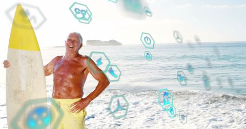 Senior Surfer Embracing Technology at Beach with Infographics
