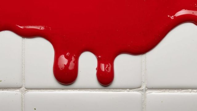 Red paint dripping down white tiles creating dramatic contrast