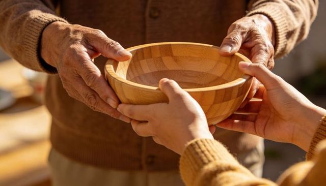 Passing senior and adult hands exchanging wooden serving bowl in warm sunlight