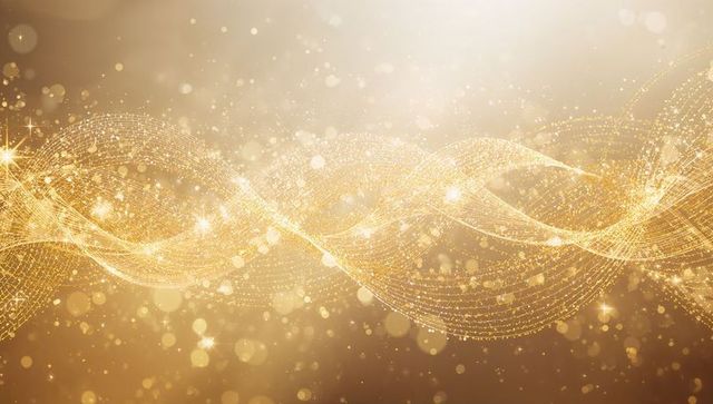 Glowing golden ribbons flowing and shimmering with bokeh glow for luxury festive backdrop