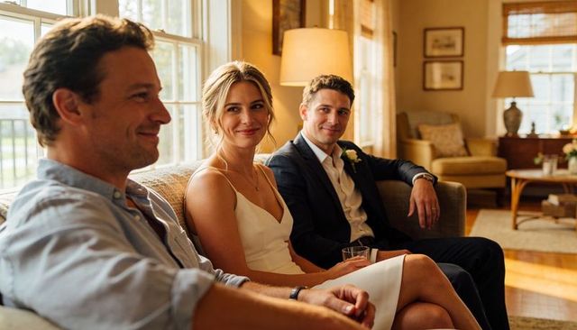 Bride and groom relaxing with friend on sofa during warm intimate wedding reception