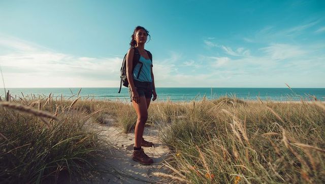 Standing woman hiker looking toward ocean horizon on sandy dune trail at golden hour