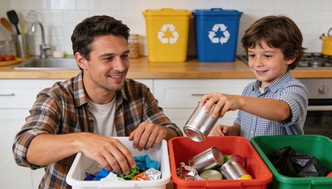 Father and son sorting recyclables in kitchen teaching sustainable habits together