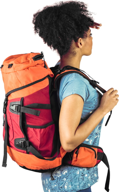 Young African American Woman Hiking with Orange Backpack Facing Right Side Transparent - Download Free Stock Videos Pikwizard.com