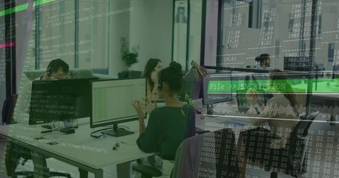 Woman Leading Virtual Call in Open Office with Encryption and Code Overlay, Team Collaboration