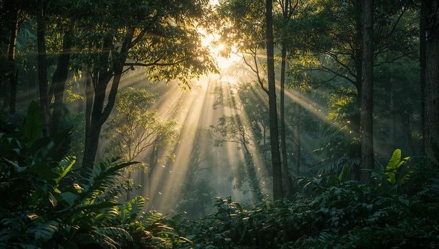 Sunlight piercing misty forest canopy, illuminating lush fern understory and tree trunks