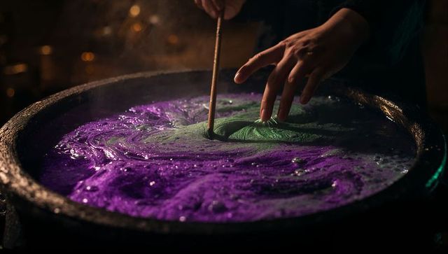 Mystical Alchemy: Stirring Swirling Purple Potion in Cauldron