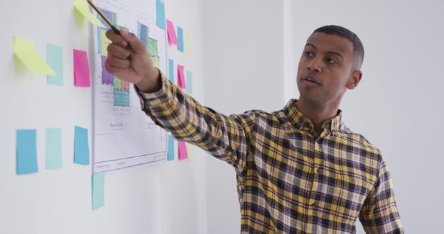 Businessman brainstorming and pointing to wall with sticky notes and charts - Download Free Stock Images Pikwizard.com