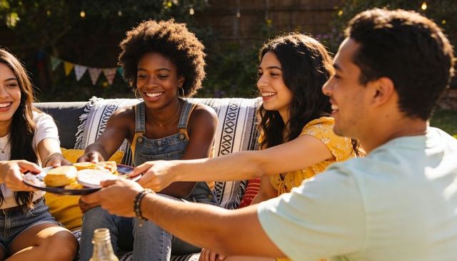 Friends sharing snacks on outdoor sofa during warm summer backyard gathering