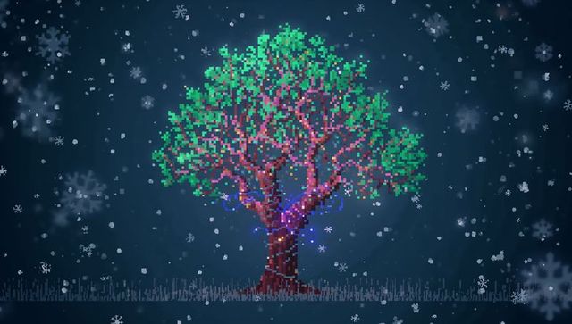 Glowing Pixel Tree Standing in Snowy Night Landscape with Blue-Purple Lights and Halo