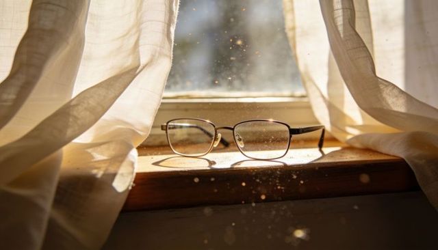 Metal eyeglasses resting on wooden windowsill catching golden hour sunlight and dust