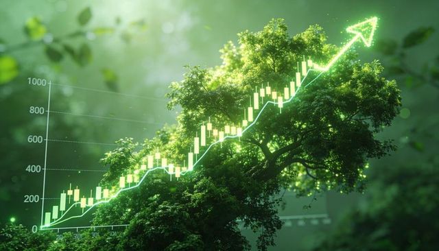 Sustainable finance growth: tree merging with rising candlestick chart and upward arrow