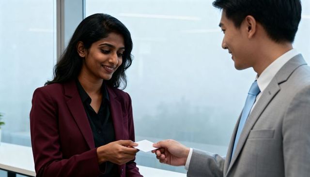Professionals exchanging business card at modern glass office window networking moment