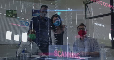 Business Team Analyzing Data with Futuristic Interface Overlays