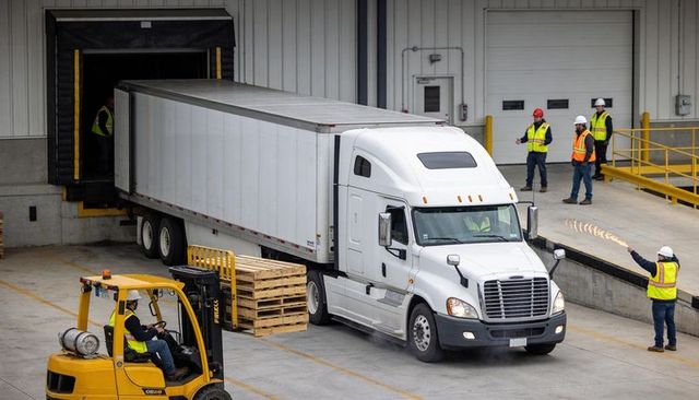 White semi truck backing into warehouse dock with workers guiding and forklift activity