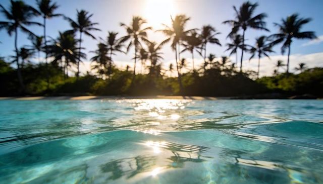Glittering turquoise lagoon reflecting golden sun with palm silhouettes and gentle ripples