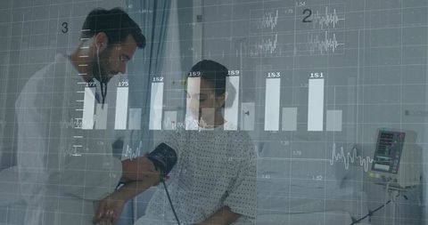 Doctor monitoring patient blood pressure with vital signs visualization