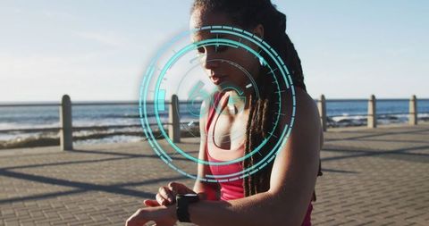 African American Woman Using Smartwatch Featuring 6G Technology Hologram