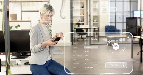 Businesswoman using smartphone with ar checkout overlay in modern coworking office