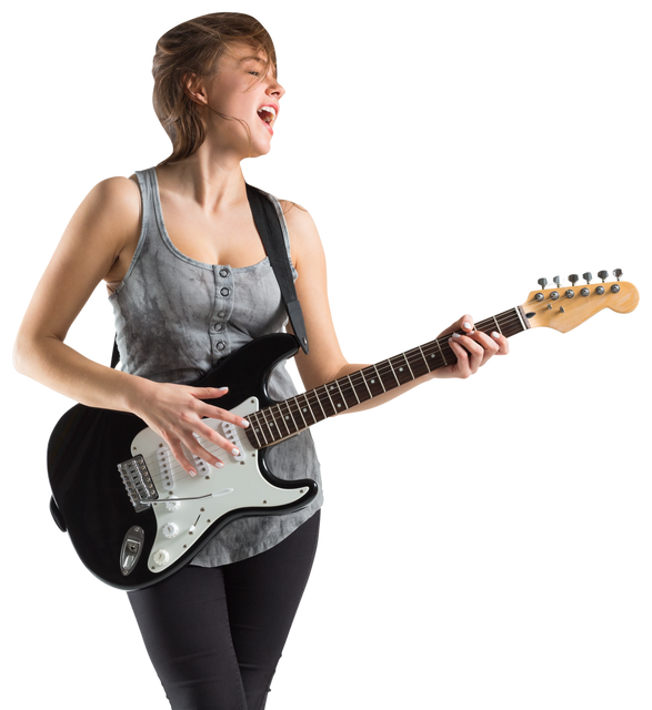 Transparent background of woman playing electric guitar and singing passionately - Download Free Stock Videos Pikwizard.com