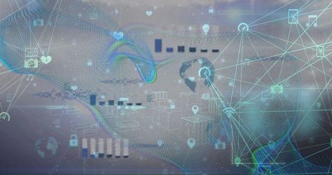Connecting Global Data Network with Neon Teal Mesh Wave, Nodes, Pins and Server Icons