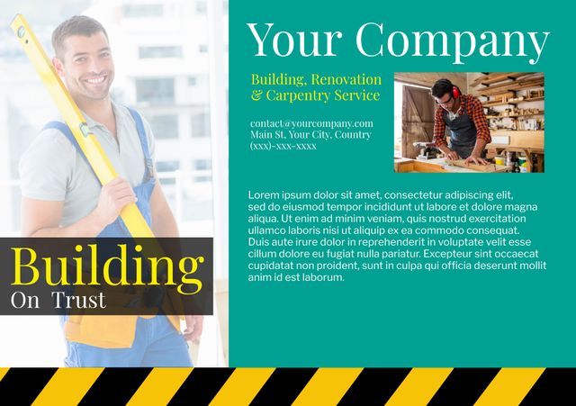 Image depicts a cheerful construction worker holding a level tool, promoting trusted construction, renovation, and carpentry services. Suitable for use in advertisements, brochure covers, or flyers for building companies. Emphasizes reliability and professionalism in construction services, ideal for attracting homeowners, property developers, and contractors.