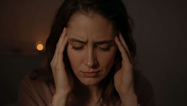 Woman pressing temples in candlelight portrait conveying headache stress and fatigue