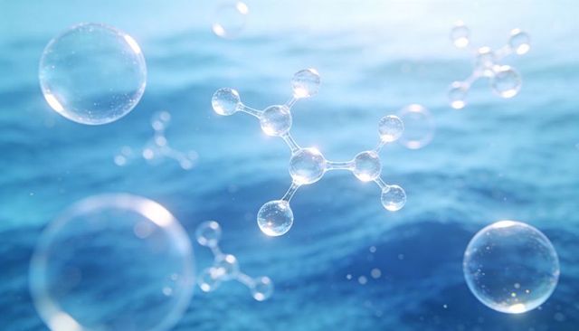 Glassy molecular clusters floating over rippling ocean with luminous bubbles and bokeh
