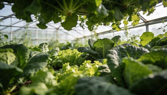 Sunlit greenhouse growing dense lettuce and savoy kale in lush low beds for urban farming