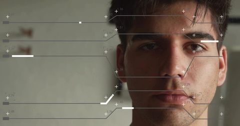 Male closeup viewing facial data overlay with minimalist interface and connector nodes
